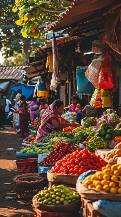 Produce stalls with tomatoes and lemons
