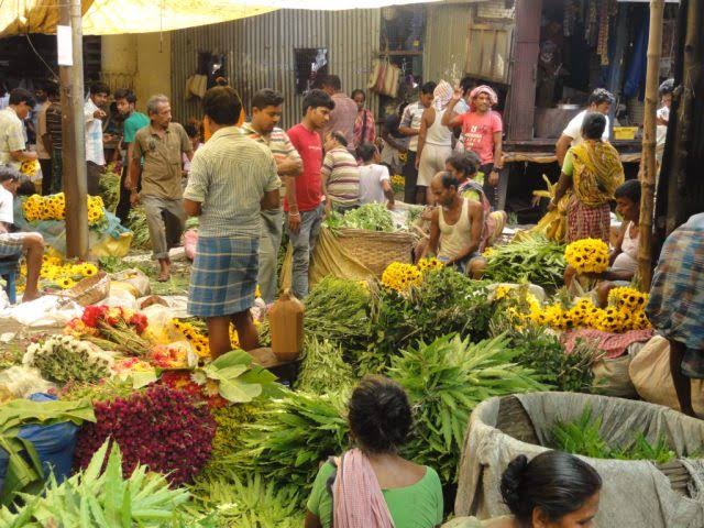 Flower market with marigold garlands